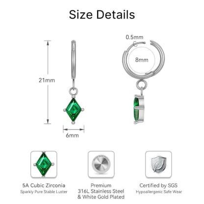 Surgical Steel Hoop Earrings for Women - Hypoallergenic Small Cartilage Huggies with Cubic Zirconia Dangle - color: Green-Stainless Steel