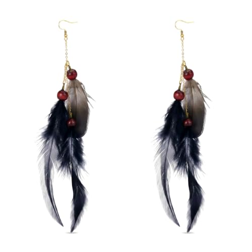 Boho Long Feather Earrings for Women,Lightweight Long Tassel Feather Drop Earrings with Beads, Boho Ethnic Tribal Earrings in Black Turquoise Red, Vintage Jewelry for Party Prom Festival - color: black