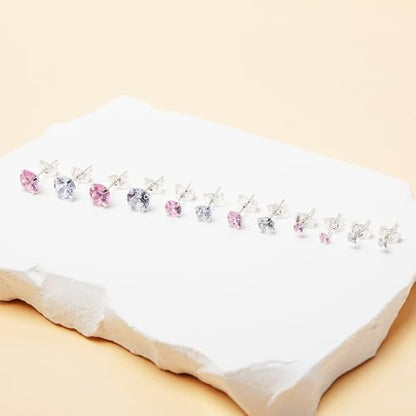 6 Pairs 925 Sterling Silver Stud Earrings Pack for Women White and Pink Cubic Zirconia Diamond Tragus Cartilage Earring Hypoallergenic Jewelry
