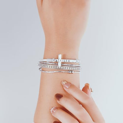 Boho Leather Wrap Bracelets Beaded Stackable Cuff Bracelet Country Concert Outfits Cowboy Cowgirl Western Jewelry Gifts for Women - color: Cross-Silver