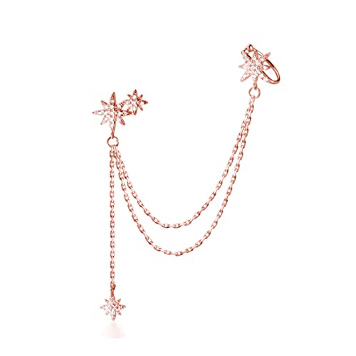 SLUYNZ 925 Sterling Silver Fashion Star Cuff Earring Chain for Women Star Crawler Earring Wrap Earrings - color: One Earring(Left)-C-Rose Gold Plated