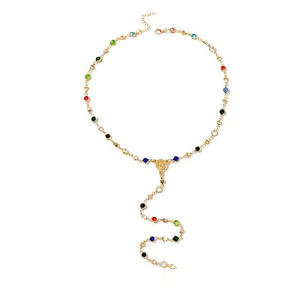 Colorful Crystal Long Necklace for Women Dainty Boho Y-Shaped Color Bead Necklaces Sparkly Rhinestone Pendant Layered Gold Long Chain Choker Good Luck Trend Jewelry Gift Jewelry - color: Head-Gold