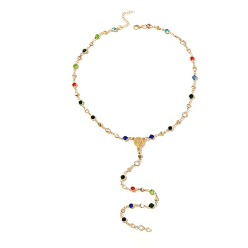 Colorful Crystal Long Necklace for Women Dainty Boho Y-Shaped Color Bead Necklaces Sparkly Rhinestone Pendant Layered Gold Long Chain Choker Good Luck Trend Jewelry Gift Jewelry - color: Head-Gold