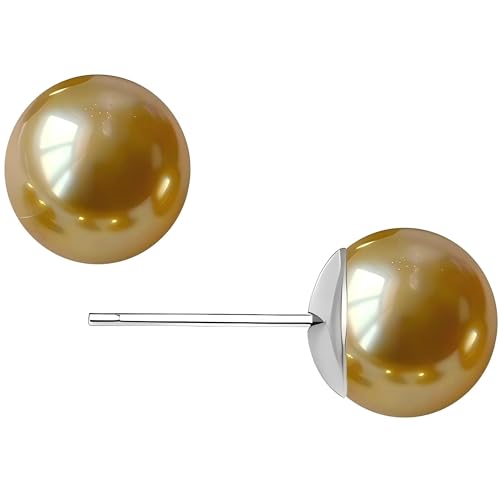 Gold & Brown Faux Pearl Stud Earrings, S925 Silver Posts Hypoallergenic for Women - color: Gold, size: 8mm