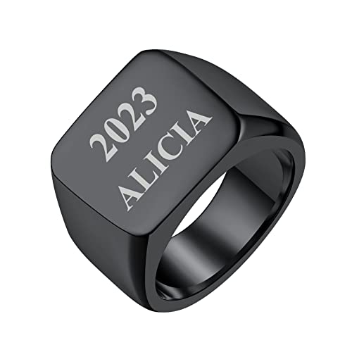 FindChic Customized Signet Photo Rings Square/Heart/Round Chunky Band Ring Stainless Steel/18K Gold Plated/Black Size 7 to 14 Personalized Jewelry for Men Women, Send Gift Box - color: 01. personalized engraved square (black)