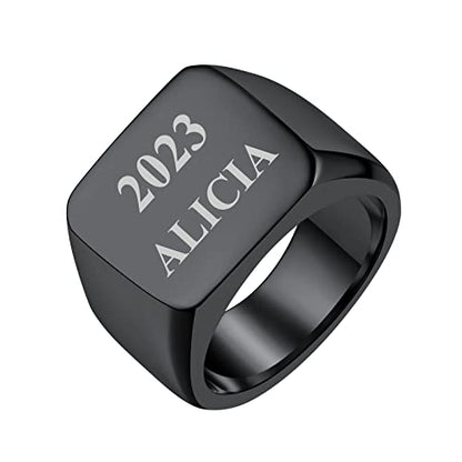 FindChic Customized Signet Photo Rings Square/Heart/Round Chunky Band Ring Stainless Steel/18K Gold Plated/Black Size 7 to 14 Personalized Jewelry for Men Women, Send Gift Box - color: 01. personalized engraved square (black)