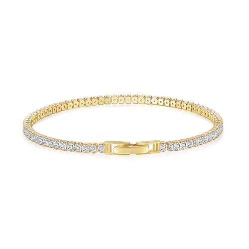MINDDHA 14K Gold/White Gold Plated Cubic Zirconia Tennis Bracelet | Silver, Gold Bracelet for Women | Rectangle, Square, Round Shape CZ Stone | Width 2.5-4mm | Size 6-8 Inch - color: 2.5mm Priness Cut Yellow Gold, size: 7 Inch