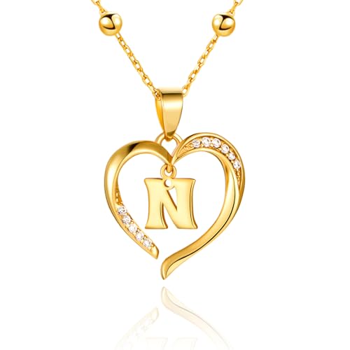 Cicy Bell Womens Heart Initial Necklace 18k Gold Plated | Personalized Letter Pendant, 17.7'' with 2'' Extender - color: Style 2-N-Gold