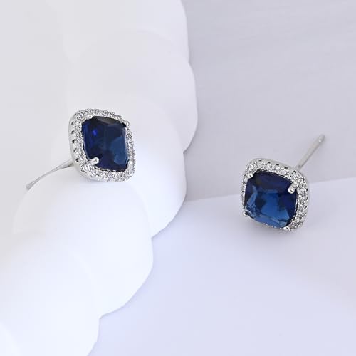 Square Cubic Zirconia Earrings Stud 7mm Birthstone Studs Earrings Hypoallergenic Princess Cut Earrings 925 Sterling Silver Post Studs Earrings for Women - color: sapphire