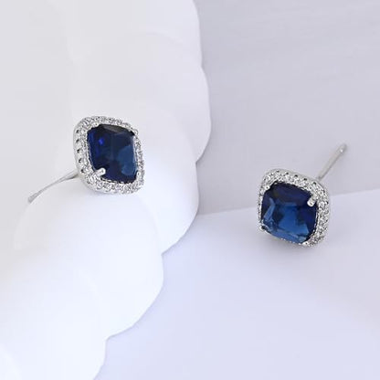 Square Cubic Zirconia Earrings Stud 7mm Birthstone Studs Earrings Hypoallergenic Princess Cut Earrings 925 Sterling Silver Post Studs Earrings for Women - color: sapphire
