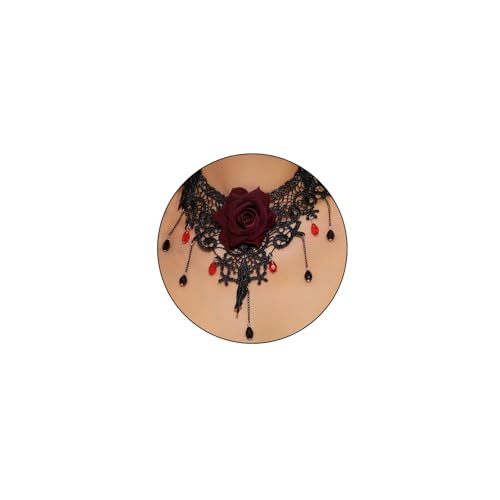 Gothic Red Black Rose Pendant Choker Necklace Vintage Victorian Black lace Collar Cameo Pendant Choker Necklace Witch Vampire Role Halloween Jewelry Gift - color: Rose A