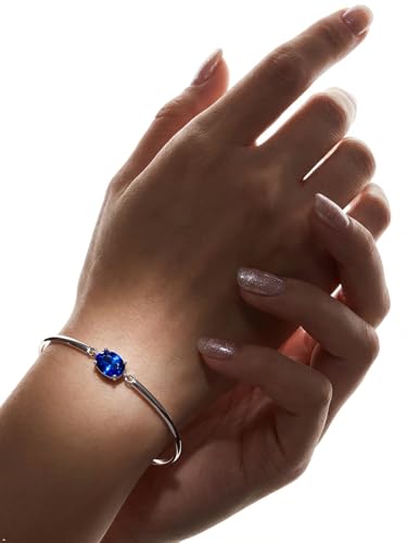 Moissanite/Sapphire/Ruby/Emerald Cuff Bracelet 1 Carat Oval Cut Center Stone Inlaid 925 Sterling Silver 14K Gold Plated Adjustable Birthstone Bangle for Women fit Wrist 5-7.5 Inch - color: Sapphire Silver