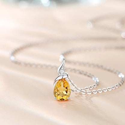 FANCIME 14K Solid White Gold Birthstone Pendant Necklace for Women with Diamond Pear Shaped Teardrop Necklace Birthday Gifts for Mom Women,Sterling Silver Chain 16" + 2" Extender - color: 11-Citrine