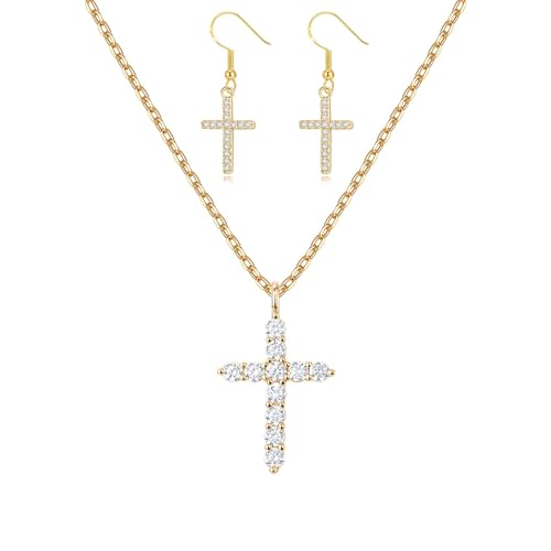 Cross Necklace and Sterling Silver Cross Earrings Jewelry Set for Women | Hypoallergenic Faith Crucifix Pendant Necklaces 14K Gold Plated Cubic Zirconia CZ Dangling Religion Jewelry - color: Gold