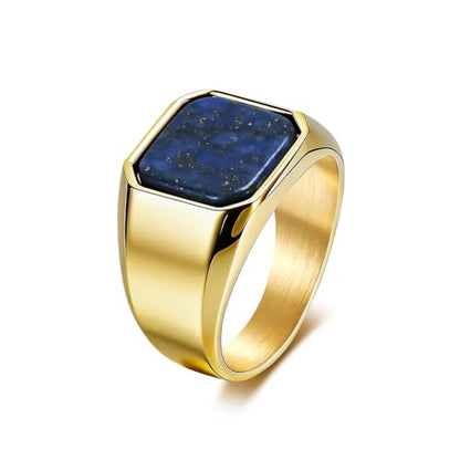 Kemstone Square Signet Ring for Men,Stainless Steel Lapis Lazuli Black Stone Flat Top Geometric Face Silver Gold - color: Gold （Lapis Lazuli）, size: 8#