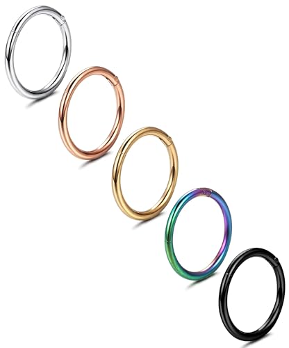 Jstyle 5Pcs 316L Surgical Steel Septum Rings Nose Rings Hoop 16G 18G 20G Hinged Clicker Hoop Nose Rings for Women Men Cartilage Hoop Earring Lip Helix Rook Tragus Conch Septum Nose Piercing Jewelry - style: 16G 8MM