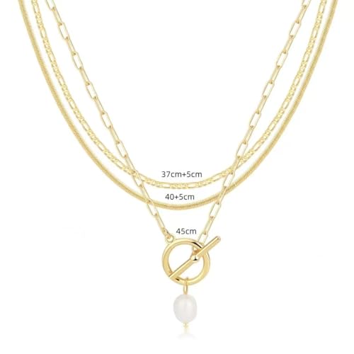 Gold Layered Necklaces for Women, 14K Gold Plated Paperclip Snake Chain Necklace Set, Dainty Coin Cross Tear Pendant Layering Choker Necklaces, Simple Trendy Stackable Jewelry Gifts - color: 3PCS / Pearl Necklace & 2 Chains