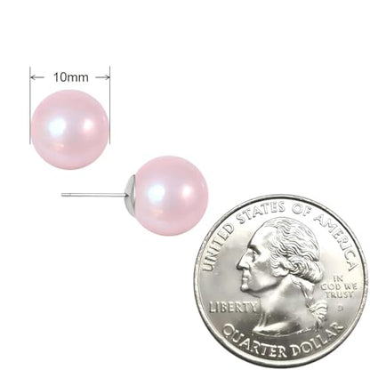 Light Pink Faux Pearl Stud Earrings, S925 Silver Posts Hypoallergenic for Women - size: 10mm
