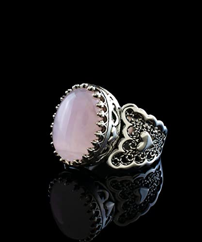 Filigranist 925 Sterling Silver Handcrafted Filigre Art Double Heart Detailed Women Cocktail Ring with Gemstones - color: Rose Quartz