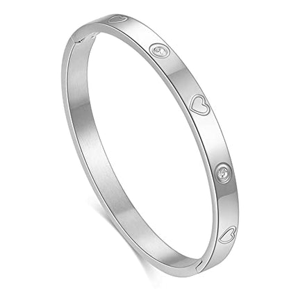 VQYSKO Love Friendship Bracelet Bangle Gold Rose Gold Silver with Cubic Zirconia Stones Stainless Steel Hinged Jewelry with Crystal Oval Bracelet Birthday Present for Her Women Teen Girls - style: 6.7 Inch-Heart-Silver