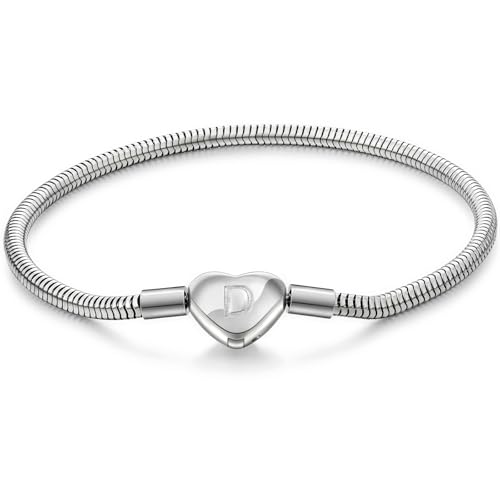Initial Bracelet Heart Clasp Stainless Steel Snake Chain Alphabet Letter Charm Gift for Women Mom Girlfriend Wife - style: D