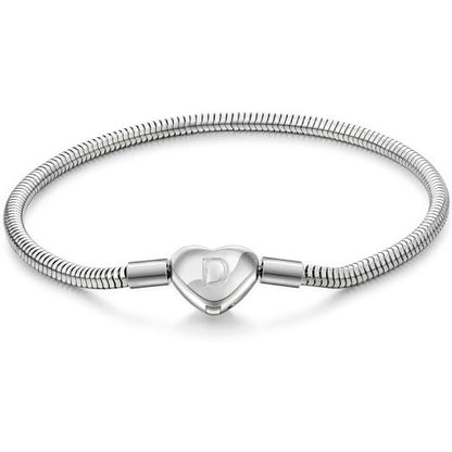 Initial Bracelet Heart Clasp Stainless Steel Snake Chain Alphabet Letter Charm Gift for Women Mom Girlfriend Wife - style: D