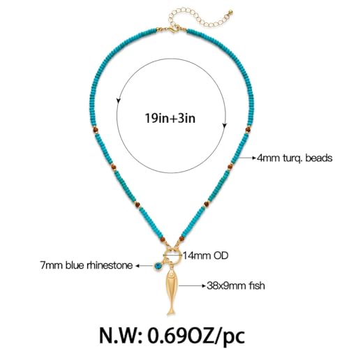 Chunky Gold Fish Pendant Necklace For Women Long Silk Scarf Turquoise Strand Necklace With Fish Pendants Boho Beach Shell Statement Necklaces - style: Blue Bead