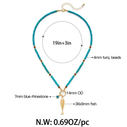 Chunky Gold Fish Pendant Necklace For Women Long Silk Scarf Turquoise Strand Necklace With Fish Pendants Boho Beach Shell Statement Necklaces - style: Blue Bead