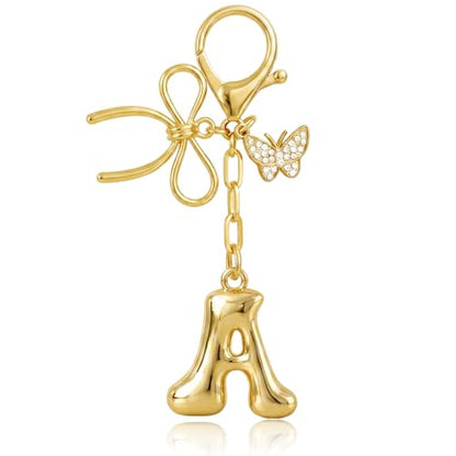 Gold Bubble Heart, Cherry, Bow & More Designs Letter Initial Keychain Bag Charms – Cute Purse Charms for Handbags - color: Bow & Butterfly, style: A
