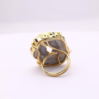 Ring Geode Druzy Slice Unique And Stylish Statement Gold Plated Jewelry Natural Gemstone Stone size 25-35 mm Approximately Adjustable Shank US Scale Size 6-9 - color: Gray, 1