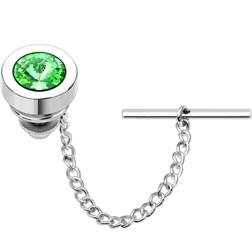 HAWSON Mens Tie Tack with Chain Round Crystal Wedding Business Accessories - color: Silver + Peridot