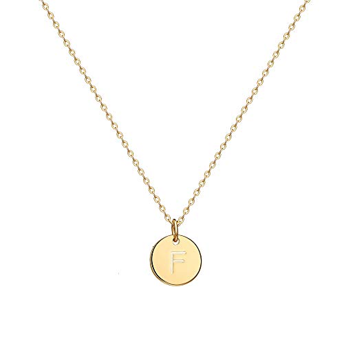 Valloey Rover Initial Necklaces for Women 14K Gold Plated Dainty Letter Necklce Round Coin Disc Pendant Double Side Engraved A-Z Necklace Personalized Jewelry Gift for Women - color: F