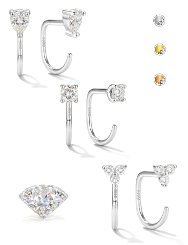 GEMQUEEN Moissanite 925 Sterling Silver Half Hoop Earrings for Women, Small Stay Close Huggie Hoops Comfort Backless Earring Lightweight No Back Moissanite Arc Hoop Earrings D Color VVS1 - color: White Gold, size: 3 Pairs-Trinity/Round/Pear