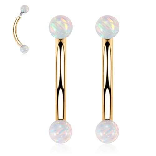 G23 Titanium Eyebrow Piercing Jewelry Eyebrow Rings Curved Barbell 16G Eyebrow Belly Button Ring Navel Rings Rook Daith Earrings Lip Ring Eyebrow Jewelry 6mm-12mm - color: 2PCS,Ball Shape White Opal,Gold