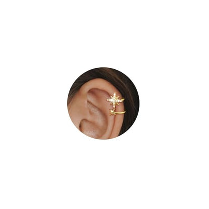 Star 14K Gold Plated Ear Cuff Earrings for Women Non Piercing, Dainty Silver Plated Clip on Cartilage Ear Cuff Non Pierced Trendy CZ Northstar Starburst Sparkling Climber Clawer Earring Jewelry - style: Two Star-Gold