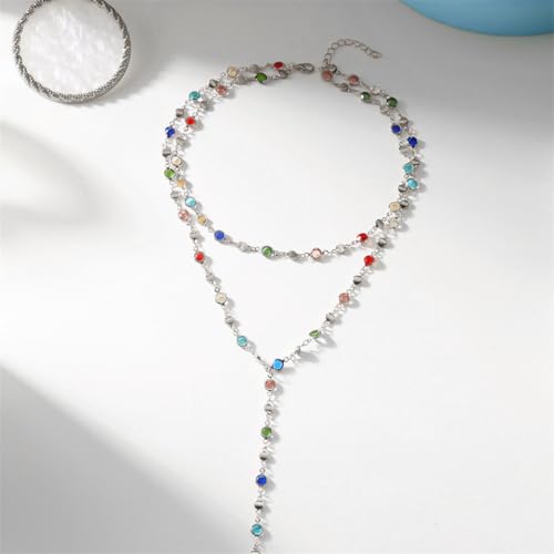 Colorful Rhinestone Long Necklaces for Women,Boho Small Crystal Drop Necklace,Boho Rhinestone Layered Necklaces - color: Silver