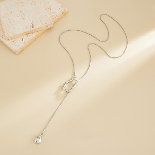 Trendy Long Gold or Silver Teardrop Tassel Y Necklace, Delicate Hollow Irregular Geometric Necklaces for Women Punk Party Charm Statement Jewelry Gift - color: Silver 2