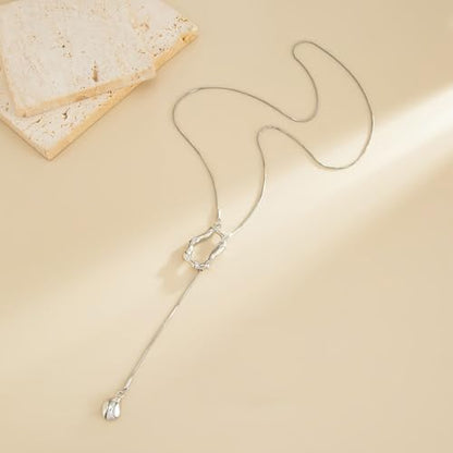 Trendy Long Gold or Silver Teardrop Tassel Y Necklace, Delicate Hollow Irregular Geometric Necklaces for Women Punk Party Charm Statement Jewelry Gift - color: Silver 2