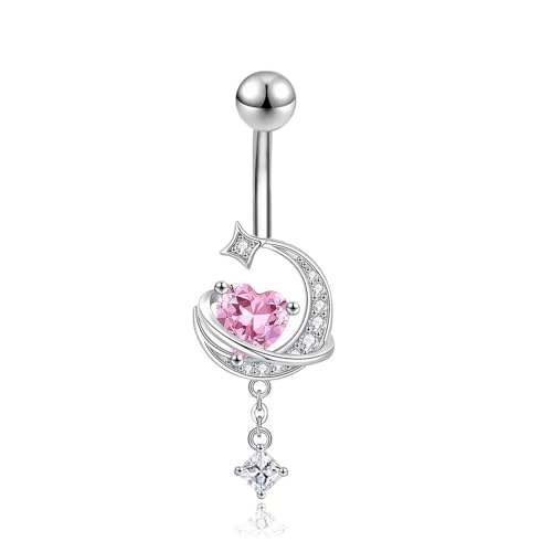 14G CZ Moon Dangle Belly Button Rings for Women Dainty Pink Heart Square Crystal Dangle Belly Button Ring Hypoallergenic Stainless Steel Belly Piercing Jewelry Navel Curved Barbell 3/8"