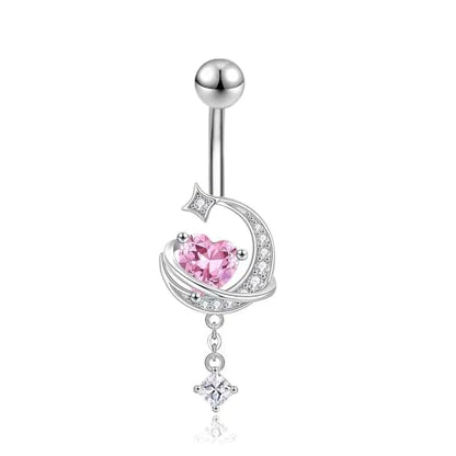 14G CZ Moon Dangle Belly Button Rings for Women Dainty Pink Heart Square Crystal Dangle Belly Button Ring Hypoallergenic Stainless Steel Belly Piercing Jewelry Navel Curved Barbell 3/8"
