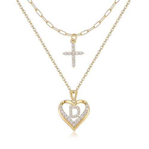 14K Gold Plated Layering Necklaces,Heart Initial Layered Necklace Cross Pendant Necklace Charm Personalized Stackable Jewelry Gift for Her - style: D