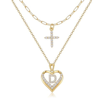 14K Gold Plated Layering Necklaces,Heart Initial Layered Necklace Cross Pendant Necklace Charm Personalized Stackable Jewelry Gift for Her - style: D
