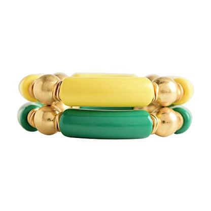 LALAPPLE Gold Plated Beaded Acrylic Bamboo Tube Bangle Bracelets for Women, Colorful Chunky Curved Tube With Gold Plated Pieces Beads Stretch Bracelet Friendship Summer Beach Jewelry - color: V-Grass green&Straw yellow 2pcs