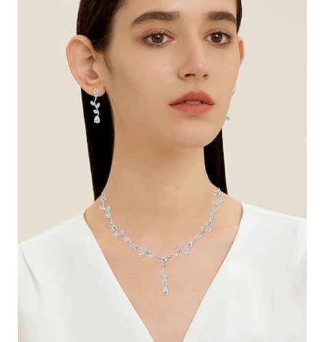Elegant Bridal Jewelry Sets for Wedding Bride Leaf Shape Cubic Zirconia Necklace Earrings Bracelet Set Prom Costume Accessories - color: 3Pcs-Silver-Cubic Zriconia
