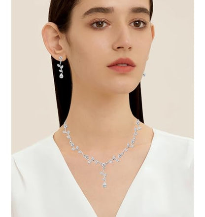 Elegant Bridal Jewelry Sets for Wedding Bride Leaf Shape Cubic Zirconia Necklace Earrings Bracelet Set Prom Costume Accessories - color: 3Pcs-Silver-Cubic Zriconia