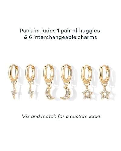 PAVOI 14K Gold Plated Huggie Earring Charms for Women - Mix and Match Huggie Hoop Earrings with Charms Pack - Dangle Dainty Motif Set with Cubic Zirconia, Heart, Cross, Pearl & Evil Eye Jewelry - Valentines Day Trendy Jewelry - style: Moon