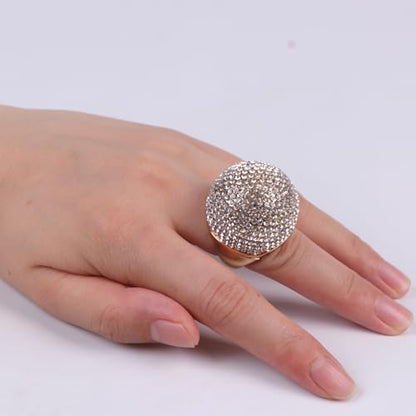 Gold Snowball Rhinestone Cocktail Ring – Adjustable Stretch Sparkling Party Jewelry for Women, Elegant Costume Ring for Evening Wear, Wedding, Prom - color: white