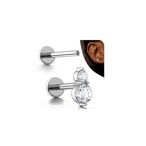 G23 Titanium 16G Tragus Conch Piercing Jewelry Flat Back Stud Earrings | Hypoallergenic CZ Nose Dangle Helix Medusa Lip Labret Body Piercing Jewelry, 14K Gold Plated, Silver, 6 and 8 mm Post Length - color: Deux-Titanium