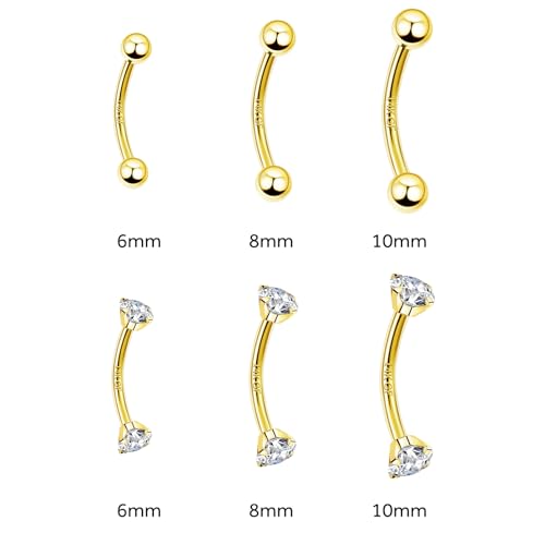 2 Pcs 14k Gold Filled Eyebrow Rings, 16G Threaded Rook Piercing Jewelry, Surgical Steel Vertical Lip Labret Belly Tongue Ring Daith Earring Curved Barbells - color: 10mm-1pcs CZ