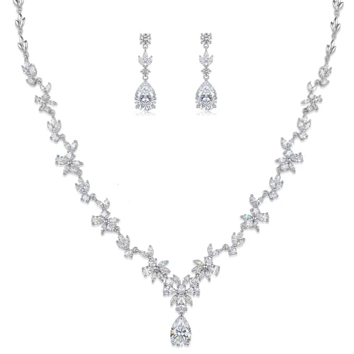 Jewelry Set for Women, Necklace Dangle Earrings Bracelet Set with White AAA Cubic Zirconia, Allergy Free Wedding Party Jewelry for Bridal Bridesmaid - color: Necklace + Earrings